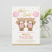 Roze goudtijger Bear Balloon Twin Girl Baby shower Kaart (Staand voorkant)