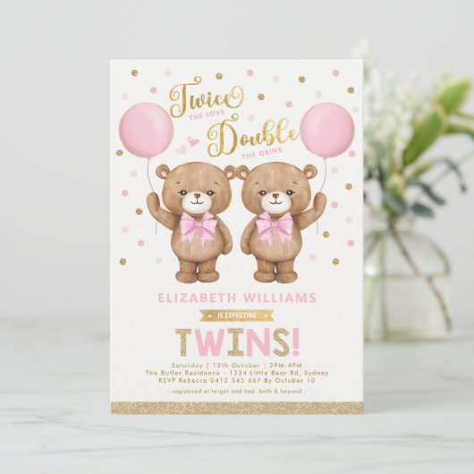 Roze goudtijger Bear Balloon Twin Girl Baby shower Kaart (Staand voorkant)