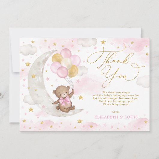 Roze goudtijger bear moon ballonnen wolkenkrabbers bedankkaart (Voorkant)
