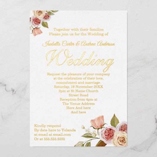 roze goudvezel legant bruiloft folie uitnodiging (Voorkant)