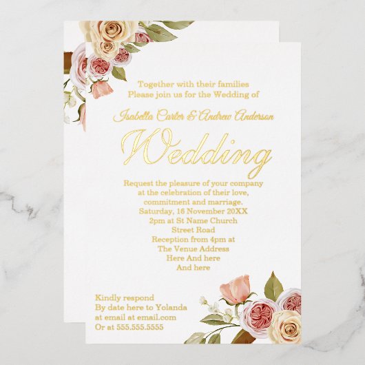 roze goudvezel legant bruiloft folie uitnodiging (Voorkant / Achterkant)