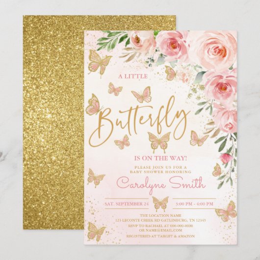 Roze goudvlinder Baby shower Kaart (Voorkant / Achterkant)
