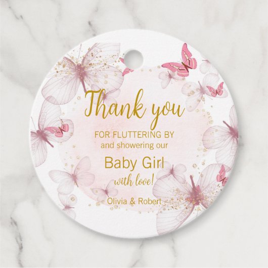 Roze goudvlinder Baby shower voor Labels (Voorkant)