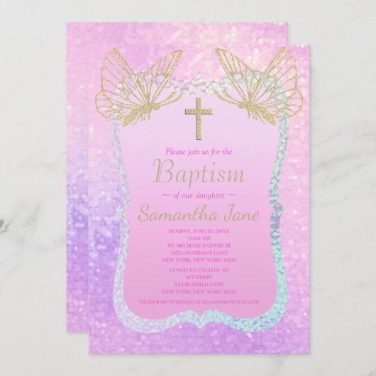 Roze goudvlinder Religieuze Baptisme Kaart (Voorkant / Achterkant)