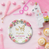 Roze goudvlinder/ Waterverf Floral Papieren Bordje (Feest)