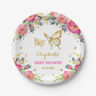 Roze goudvlinder/ Waterverf Floral Papieren Bordje