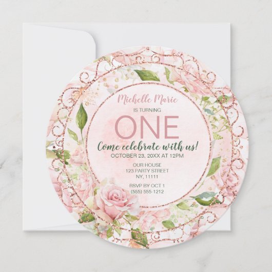  roze goudWaterverf Floral eerste verjaardag Kaart (Voorkant)