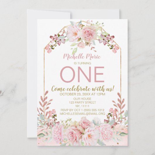  roze goudWaterverf Floral eerste verjaardag Kaart (Voorkant)