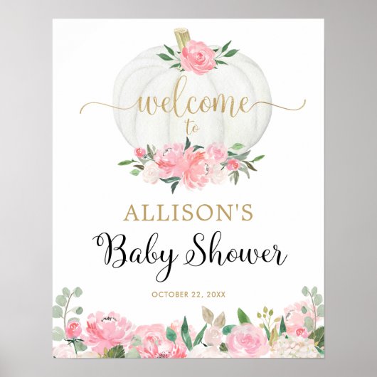 Roze goudwitte pompoen baby shower, welkomstteken poster (Voorkant)