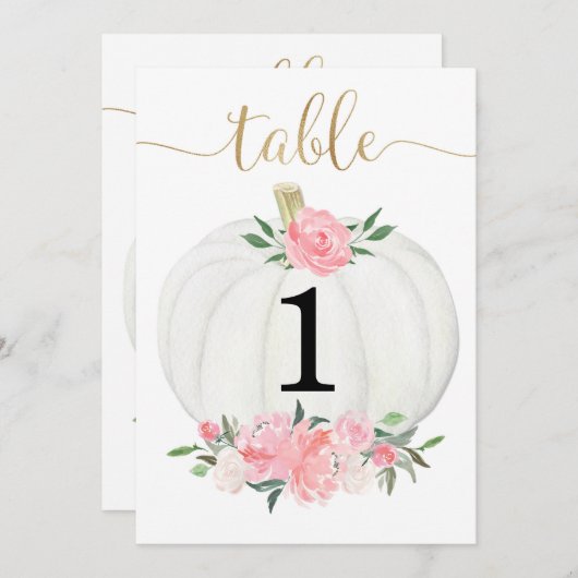 Roze goudwitte pompoen met 5"x7" tafelnummers (Voorkant / Achterkant)