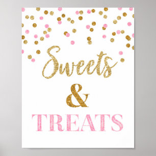 Roze goudzoete Confettien en desserttabel Poster
