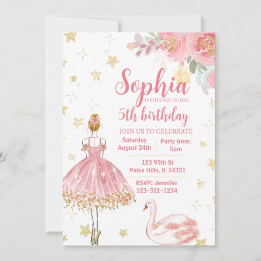 Roze goudzwaluw ballerina verjaardag uitnodiging (Voorkant)