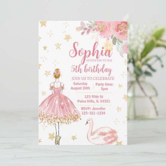 Roze goudzwaluw ballerina verjaardag uitnodiging (Staand voorkant)