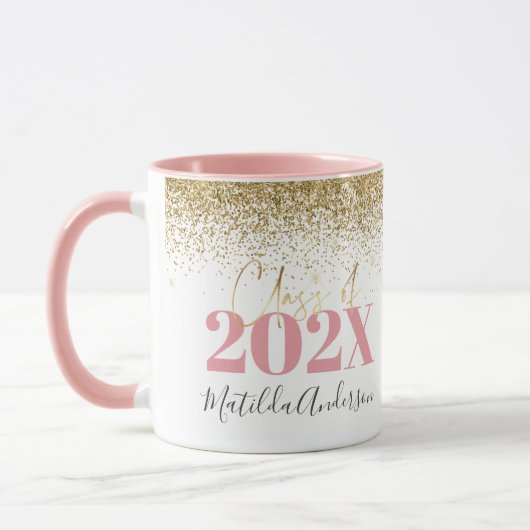 roze gouglitter afstuderen elegant script mok (Links)