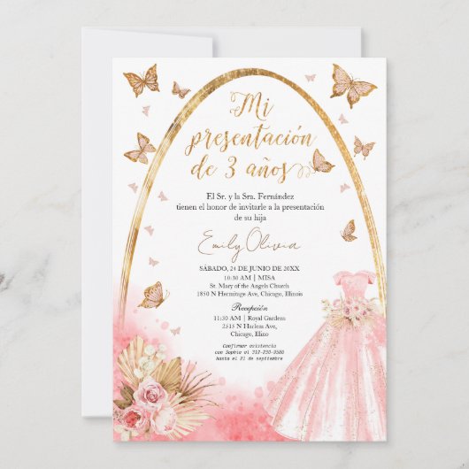 Roze Gown Meisje Mi Presentación de 3 Años Spaans Kaart (Voorkant)