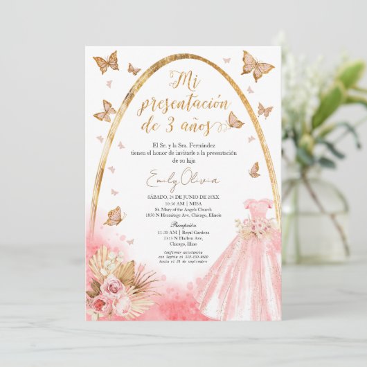 Roze Gown Meisje Mi Presentación de 3 Años Spaans Kaart (Staand voorkant)