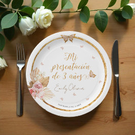 Roze Gown Meisje Mi Presentación de 3 Años Spaans Papieren Bordje