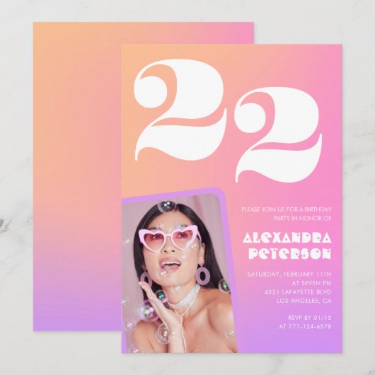 Roze Gradiënt 22e verjaardag uitnodiging Retro Fot (Voorkant / Achterkant)