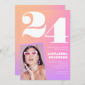 Roze Gradiënt 24e verjaardag uitnodiging Retro Fot (Voorkant / Achterkant)