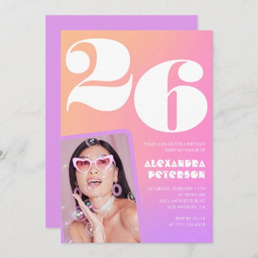 Roze Gradiënt 26e verjaardag uitnodiging Retro Fot (Voorkant / Achterkant)