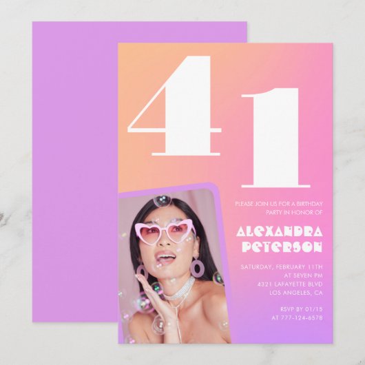 Roze Gradiënt 41e verjaardag uitnodiging Retro Fot (Voorkant / Achterkant)