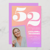 Roze Gradient 52e verjaardag uitnodiging Retro Fot (Voorkant / Achterkant)