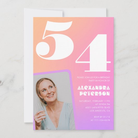 Roze Gradiënt 54e verjaardag uitnodiging Retro Fot (Voorkant)