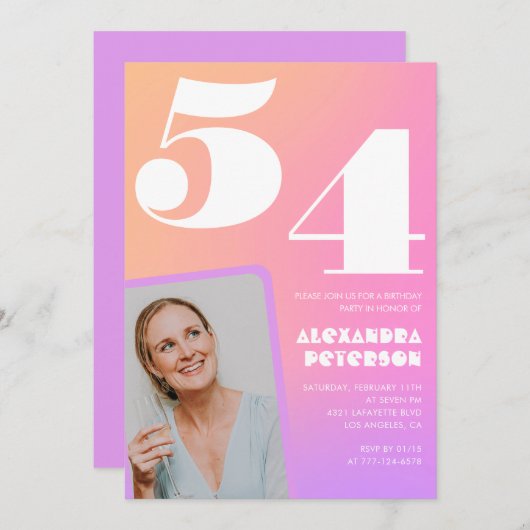 Roze Gradiënt 54e verjaardag uitnodiging Retro Fot (Voorkant / Achterkant)