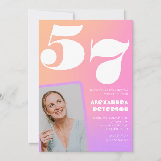 Roze Gradiënt 57e verjaardag uitnodiging Retro Fot (Voorkant)