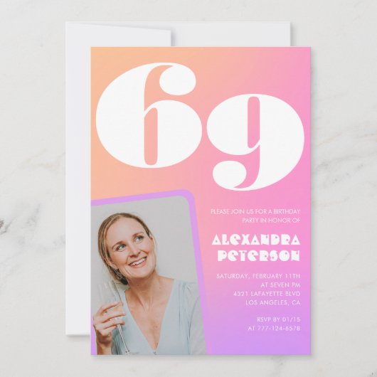 Roze Gradiënt 69e verjaardag uitnodiging Retro Fot (Voorkant)