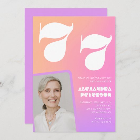 Roze Gradient 77e verjaardag uitnodiging Retro Fot (Voorkant / Achterkant)