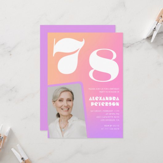 Roze Gradient 78e verjaardag uitnodiging Retro Fot (Voorkant / Achterkant in situ)