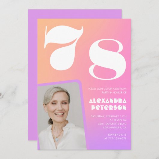 Roze Gradient 78e verjaardag uitnodiging Retro Fot (Voorkant / Achterkant)