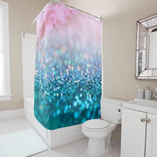 Roze gradiënt Blauw Blauwgroen Sparkle Trendy Glit Douchegordijn (In situ)