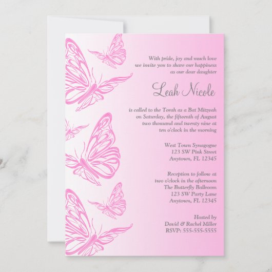 Roze gradiënt Butterfly bat Mitzvah Invitations Kaart (Voorkant)