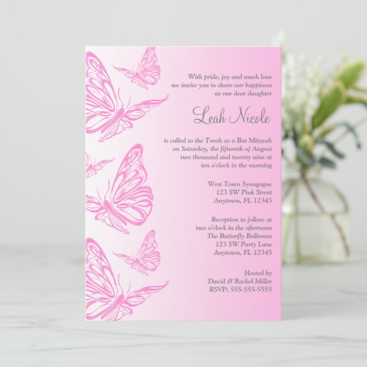 Roze gradiënt Butterfly bat Mitzvah Invitations Kaart (Staand voorkant)