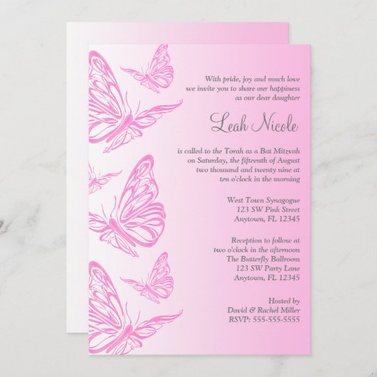 Roze gradiënt Butterfly bat Mitzvah Invitations Kaart (Voorkant / Achterkant)