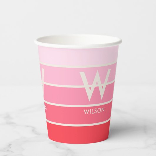Roze Gradiënt Gestreepte Monogram Persoonlijke Par Papieren Bekers (Achterkant)