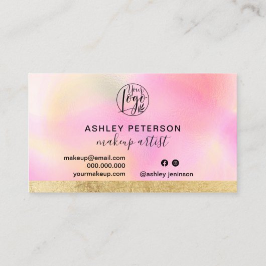 Roze gradiënt gouden folie streep chique logo make visitekaartje (Achterkant)
