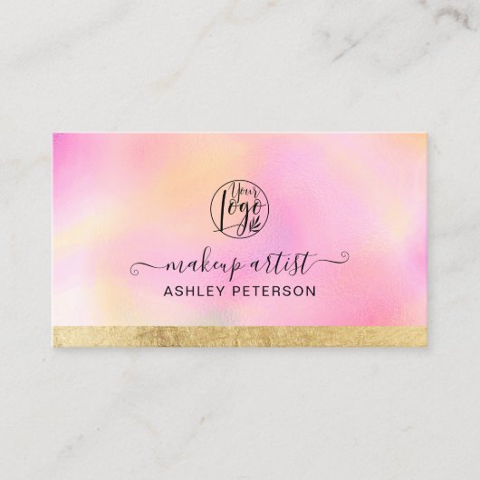 Roze gradiënt gouden folie streep chique logo make visitekaartje (Voorkant)
