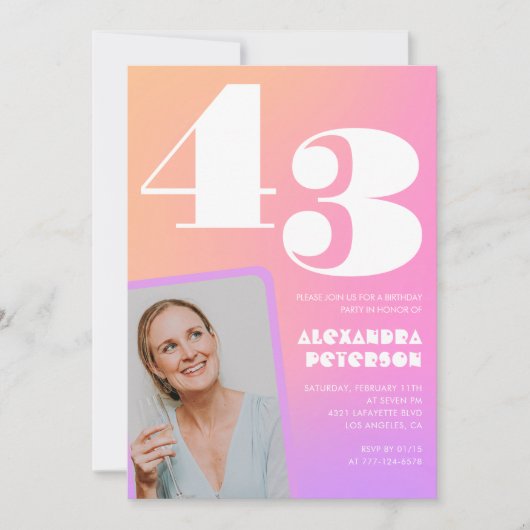 Roze Gradiënt Retro Foto 43e verjaardag Kaart (Voorkant)