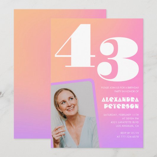 Roze Gradiënt Retro Foto 43e verjaardag Kaart (Voorkant / Achterkant)