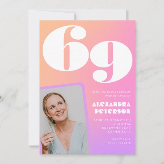 Roze Gradiënt Retro Foto 69ste verjaardag Uitnodig Kaart (Voorkant)