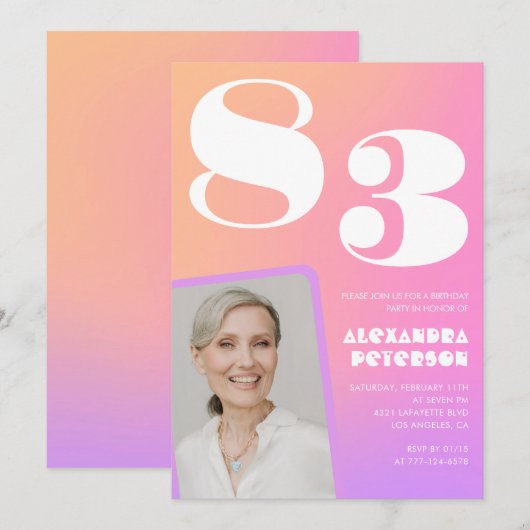 Roze Gradiënt Retro Foto 83e verjaardag Kaart (Voorkant / Achterkant)