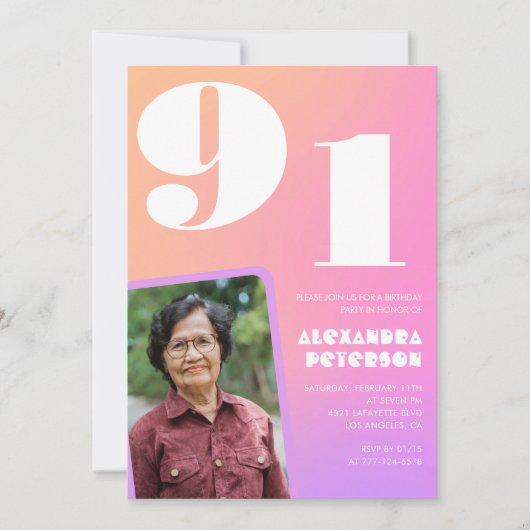 Roze Gradiënt Retro Foto 91e verjaardag Kaart (Voorkant)