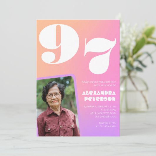 Roze Gradiënt Retro Foto 97e verjaardag Kaart (Staand voorkant)