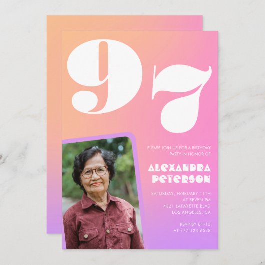 Roze Gradiënt Retro Foto 97e verjaardag Kaart (Voorkant / Achterkant)