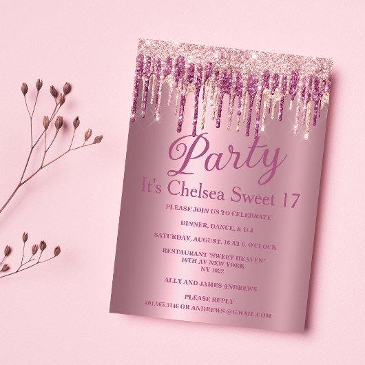 Roze gradiënt roos gouden glitter druppels Sweet 1 Kaart