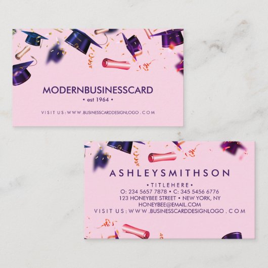 Roze Graduation Cap Grown School Collage Visitekaartje (Voorkant / Achterkant)