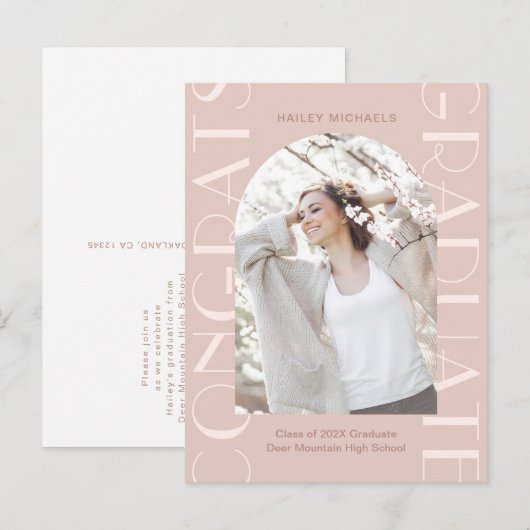roze graduPartij Fotouitnodiging Aankondigingskaart (Voorkant / Achterkant)